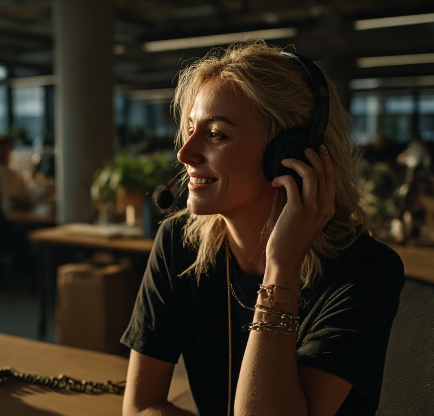Une agente du centre d'appel, casque d'écoute, en appel.