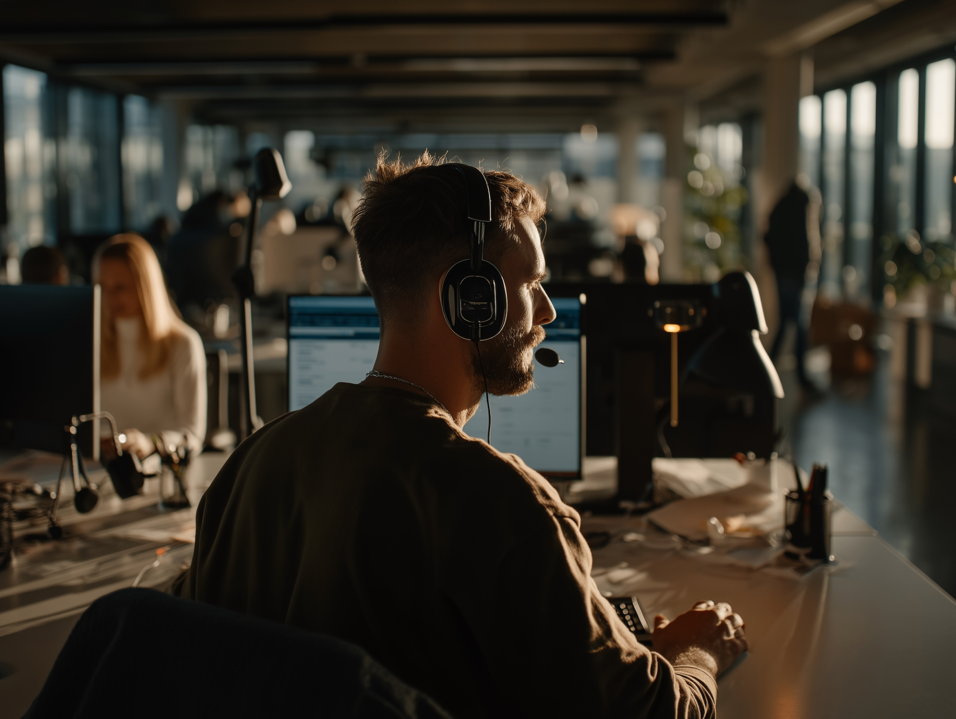 Un agent du centre d'appel, casque d'écoute sur les oreilles, en appel devant son poste.