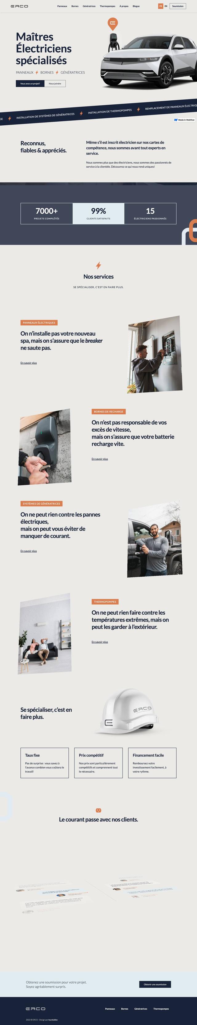 Sur fond crème, le titre « Maîtres Électriciens spécialisés », la ligne « Panneaux · Bornes · Génératrices » et, à droite, une voiture électrique blanche branchée à une borne de recharge, surmontée d'une épingle orange au sigle ERCO.