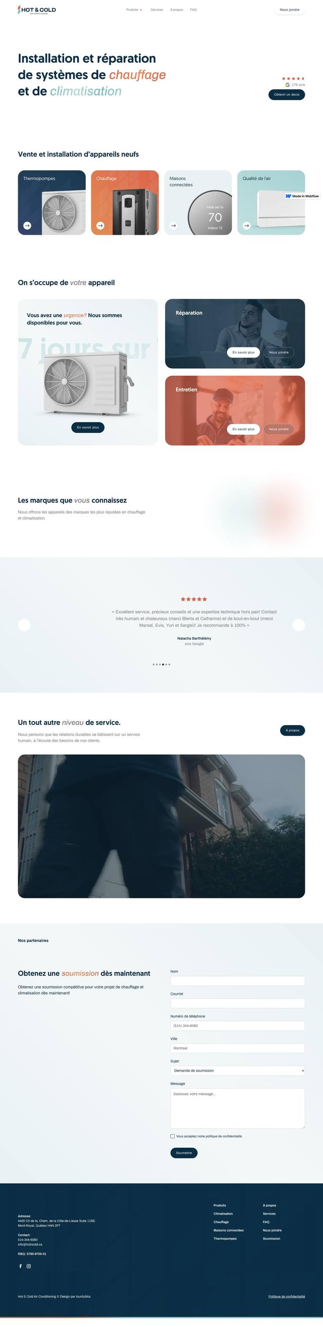 Sur fond blanc, le titre « Installation et réparation de systèmes de chauffage et de climatisation », une note de 176 avis Google et quatre cartes de produits : thermopompes, chauffage, maisons connectées, qualité de l'air.