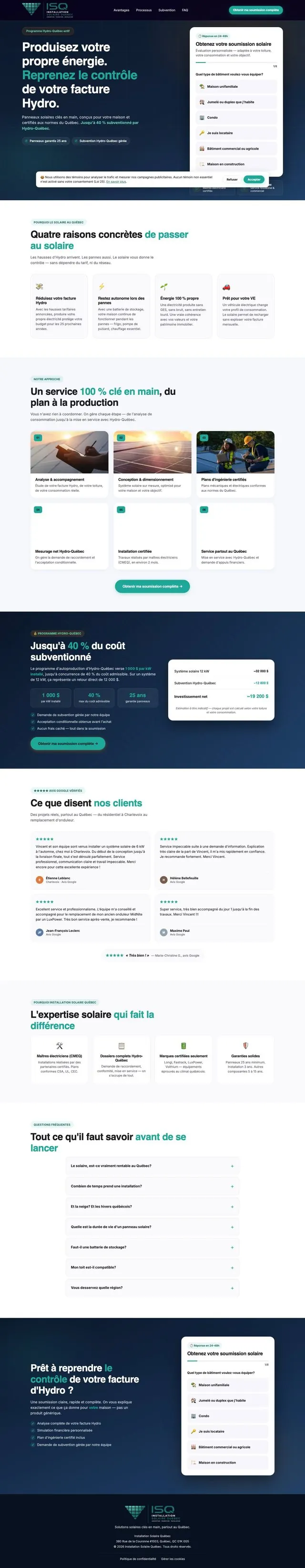 Le site web de Installation Solaire Québec, qui défile sur la face publicitaire du cube.
