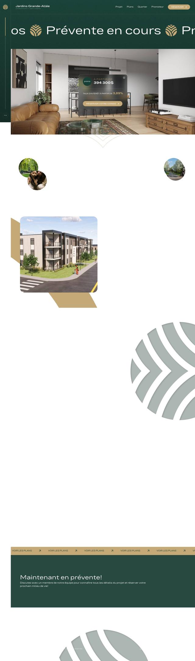 Sur fond vert forêt, un bandeau défilant « Prévente en cours » et, en dessous, la photo d'un salon de condominium meublé avec une carte de prix : à partir de 394 300 $, taux d'intérêt à partir de 3,89 %.