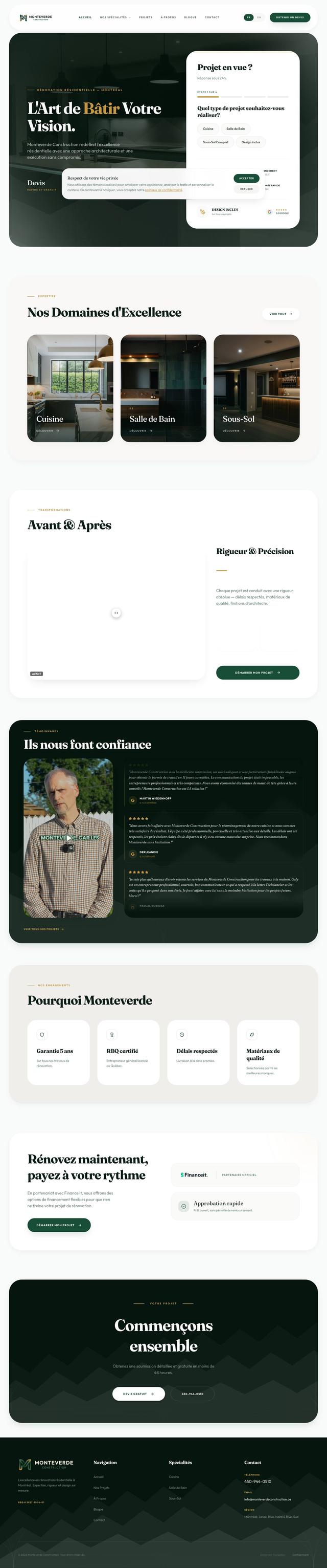 Devant la photo assombrie d'une cuisine, le titre « L'Art de Bâtir Votre Vision » et, à droite, une carte blanche « Projet en vue ? » à l'étape 1 sur 4.