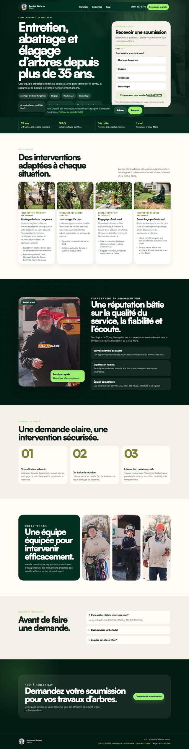 Sur fond vert foncé, le titre « Entretien, abattage et élagage d'arbres depuis plus de 35 ans » et, à droite, un formulaire de soumission en trois étapes.