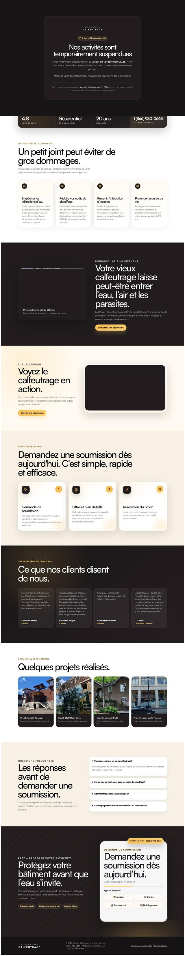 Le site affiche un avis sur fond noir : « Nos activités sont temporairement suspendues », du 2 août au 12 septembre 2026.