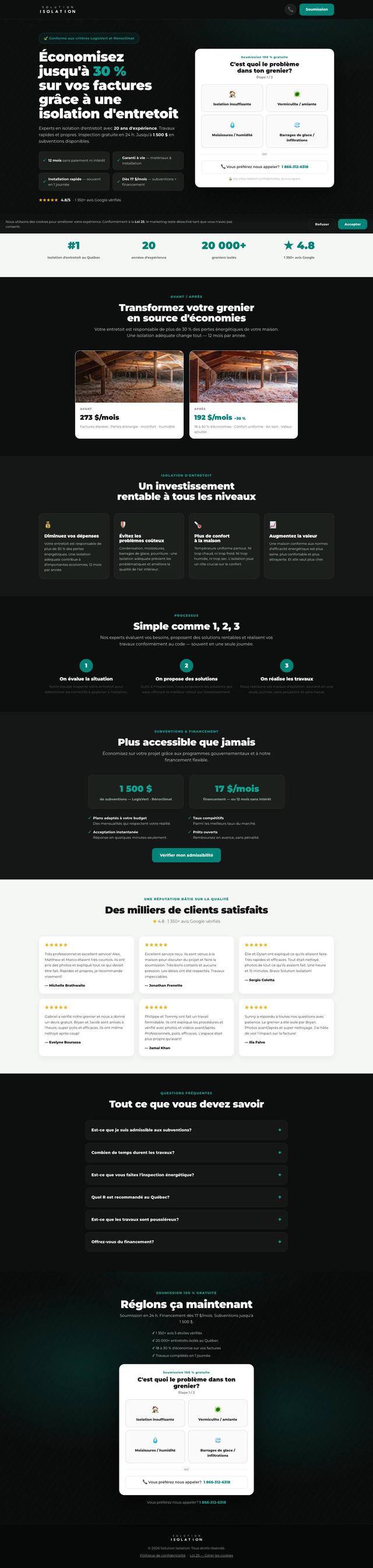 Sur fond noir, le titre « Économisez jusqu'à 30 % sur vos factures grâce à une isolation d'entretoit » et, à droite, un formulaire blanc qui demande quel est le problème dans le grenier.